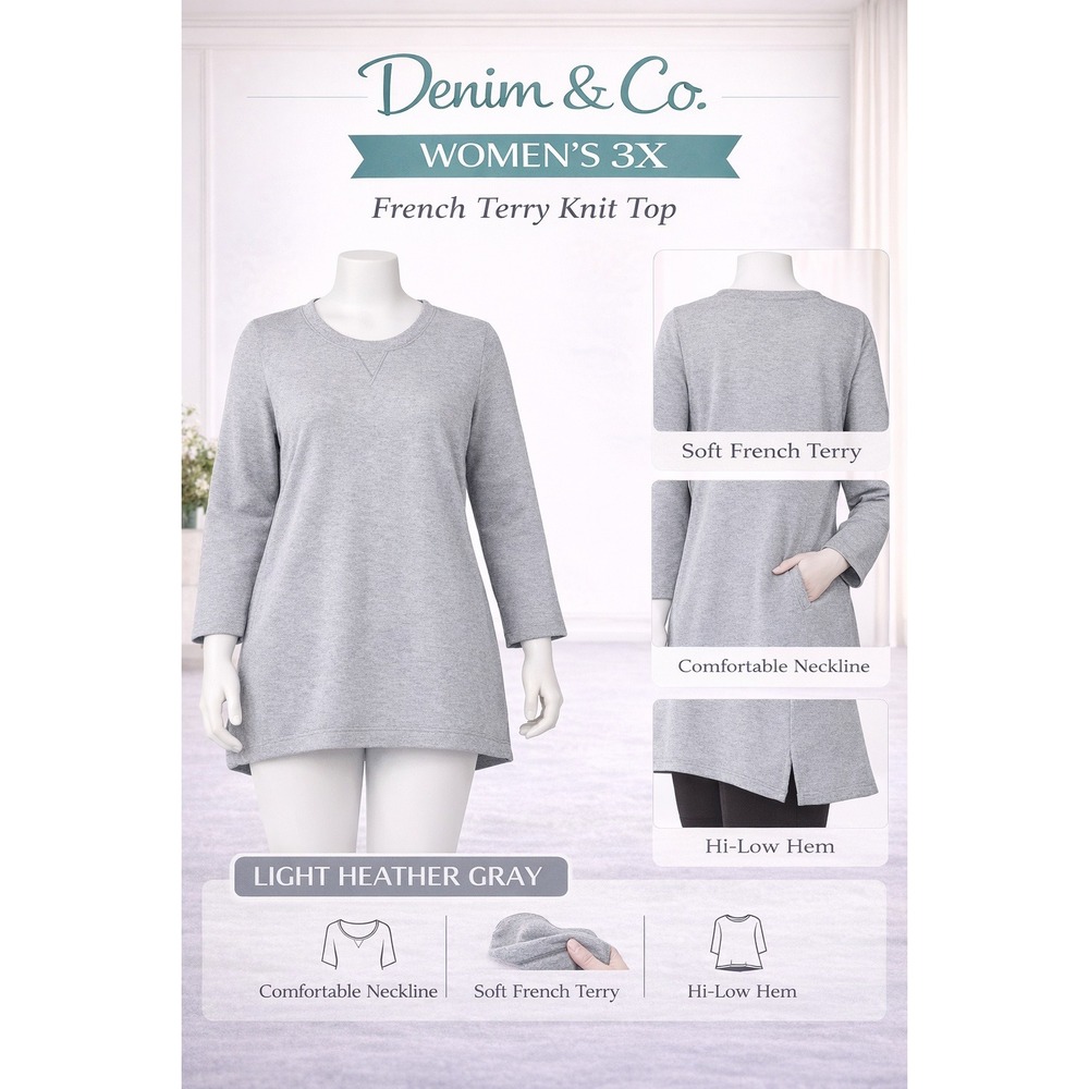 Denim &‎ Co Womens 3X French Terry Knit Top Light Heather Gray Hi-Low A230903